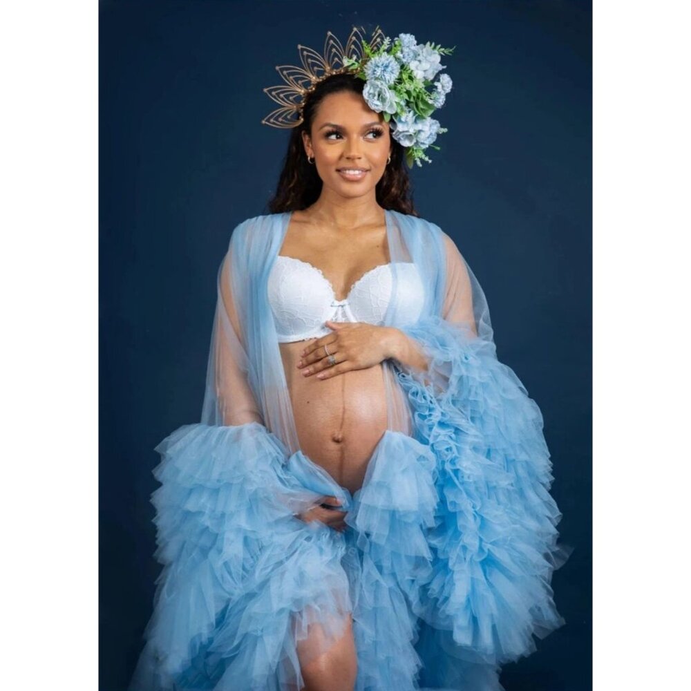 Luxurious Blue Ruffle Tulle Maternity Robe With Train - Picture 3 of 7